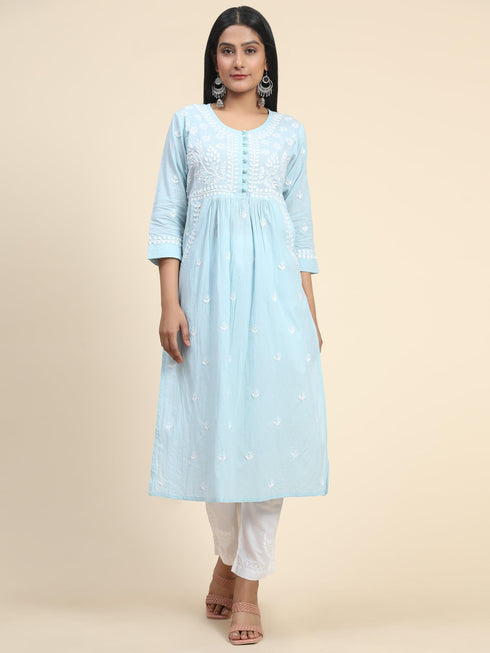 Chikankari Hand embroidery Round neck Dress with Pocket- Sky Blue
